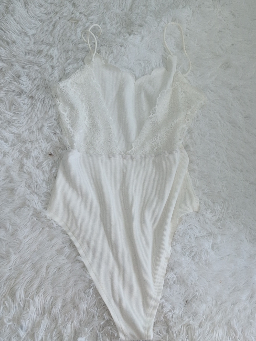 White Lace Trim Ribbed V-Neck Bodysuit